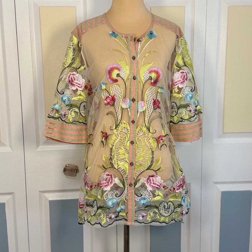 Embroidered Floral Tunic Top - Beige with Multicolor Embroidery